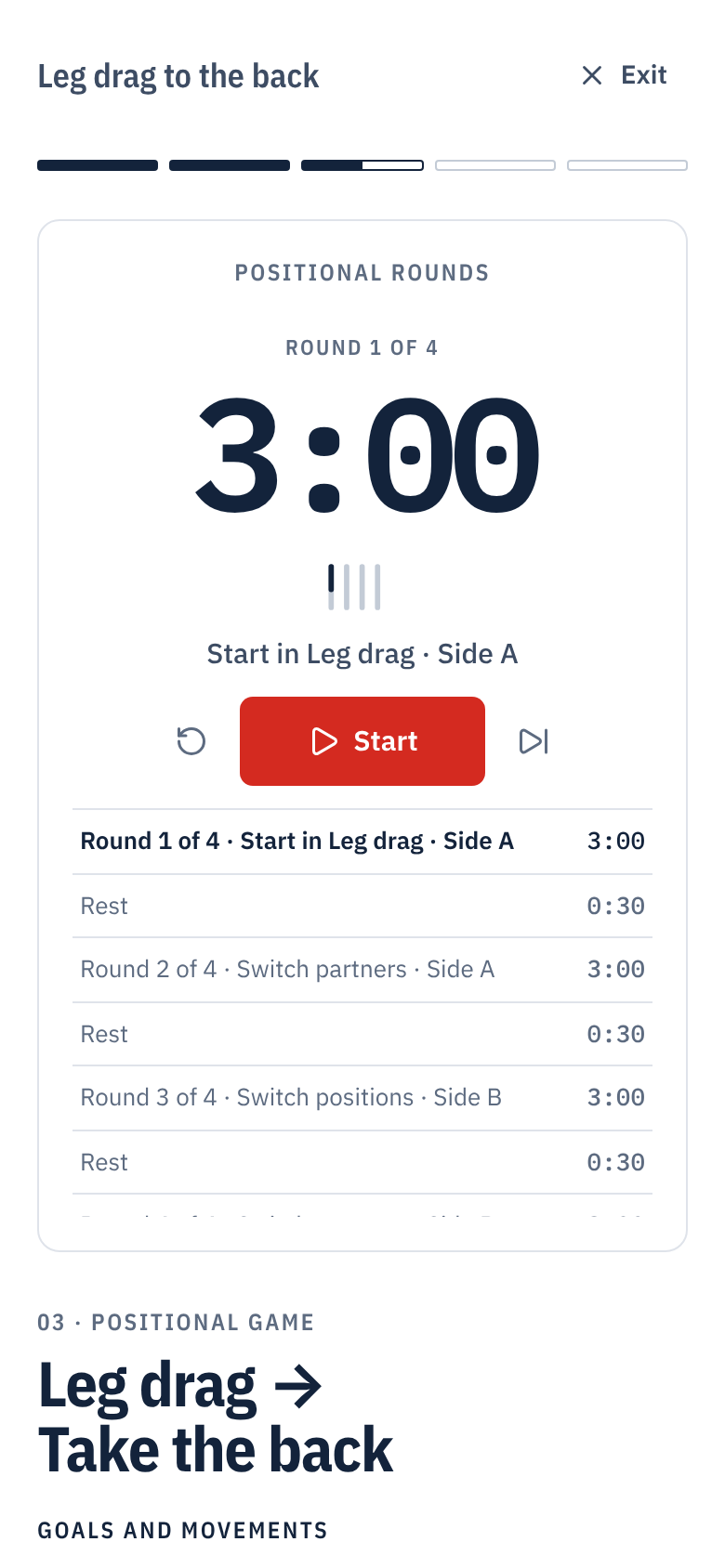 Prancheta on a phone in Teach mode: positional sparring with a 3:00 round timer and the round list.