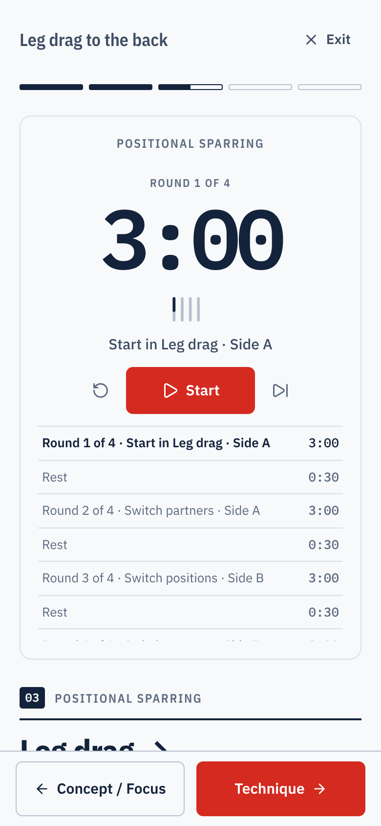 The same class in Prancheta's Teach mode: positional sparring from the leg drag, round 1 of 4, a 3:00 timer and the rounds with rest.
